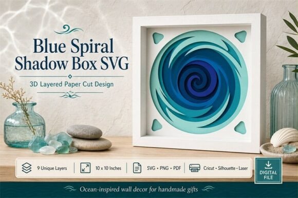 Blue Spiral Wall Art Svg: 3D SVG for Shadow Boxes