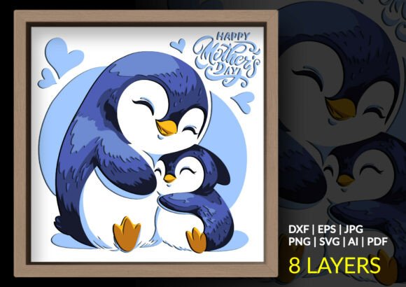 Mother Baby Penguin Mother Day SVG: 3D Shadow Boxes