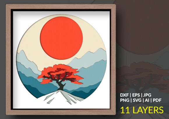 Mountain Tree Bonsai Shadow Box SVG: 3D Depth for Web