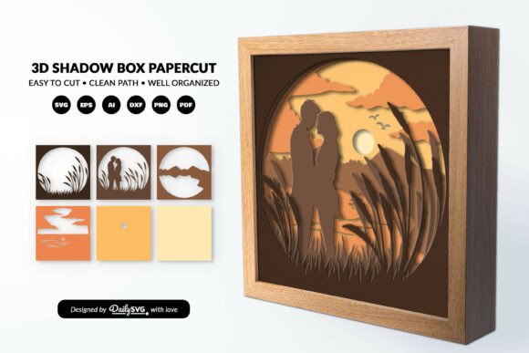 Romantic Couple Sunset 3D SVG for Shadow Boxes